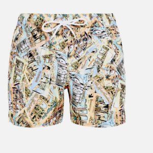 Stylish Postcard Print Quick-Dry‎ Swim Shorts with Drawstring Waist